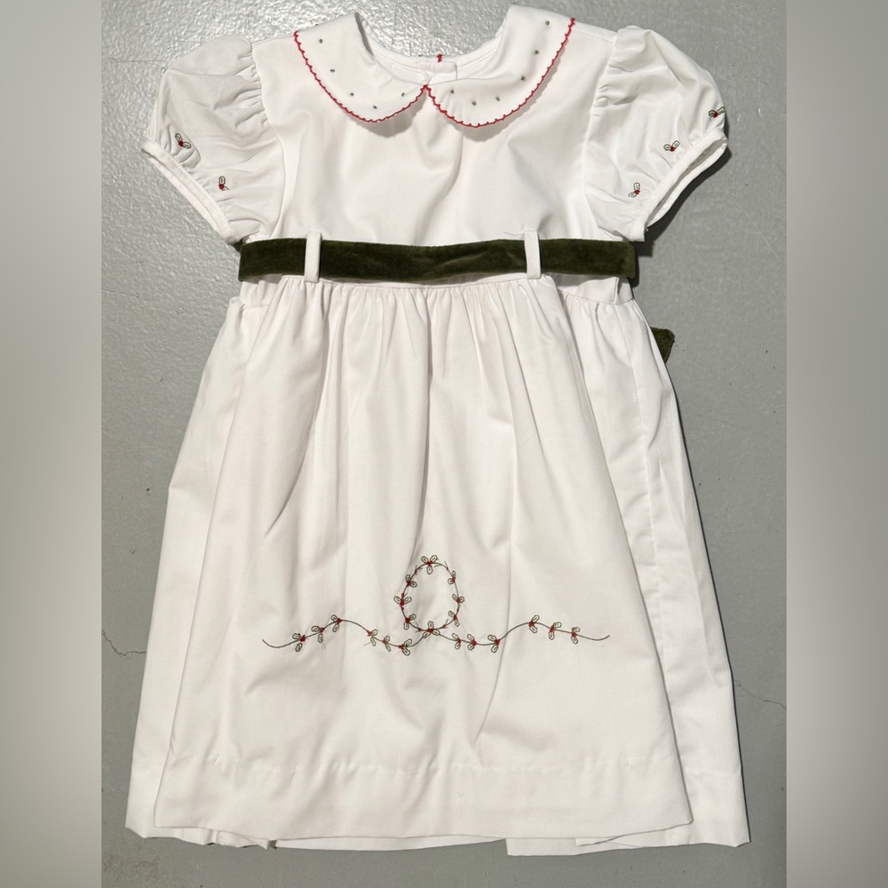 Lullaby Set - White Christmas Dress w/Green Velvet Bow - Size: 4T